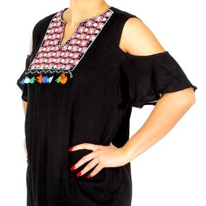 India Boutique Bohemian Beach Black Cold shoulder Crochet Tassel Lined Sundress